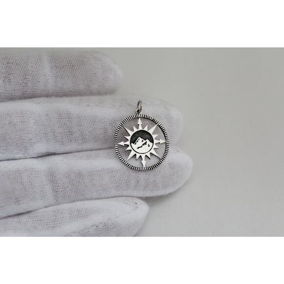 Sterling Silver Compass Pendant with Mountain Center Charm - Picture 2 of 10